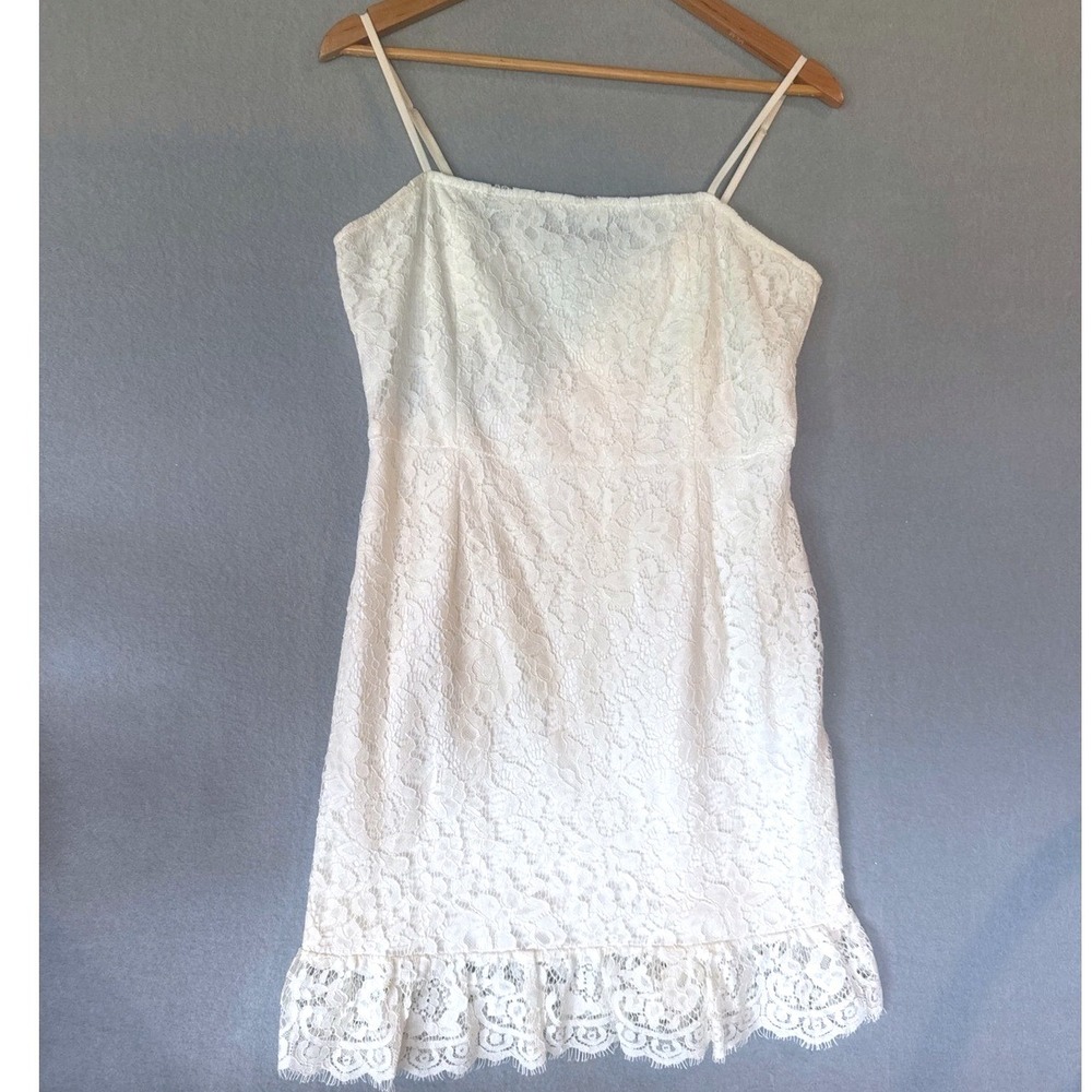 Storia Cream Floral Lace Mini Dress Spaghetti Straps Ruffle L Summer Wedding